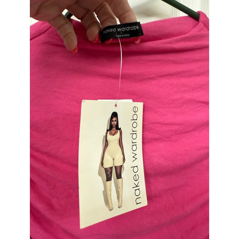 Naked Wardrobe Ruched Long Sleeve Cutout Minidress In Raspberry hot pink fuchsia - Picture 6 of 6